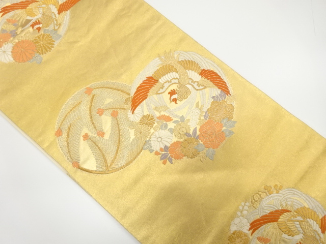 丸紋に鳳凰・牡丹・松葉模様織り出し　袋帯